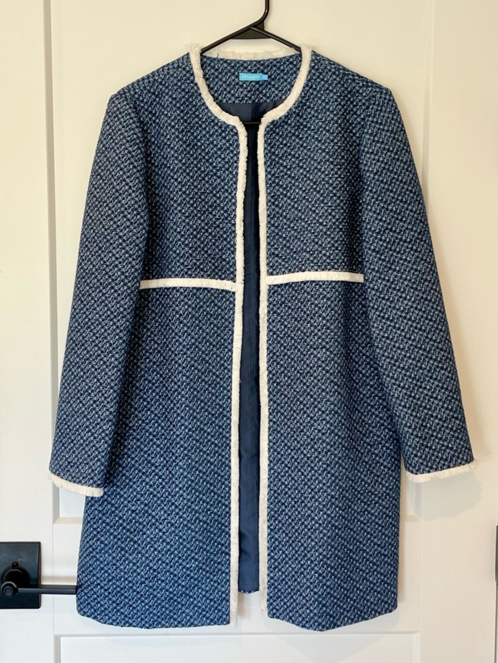J. McLaughlin Blue White Fringe Trim Tweed Jacket Size M